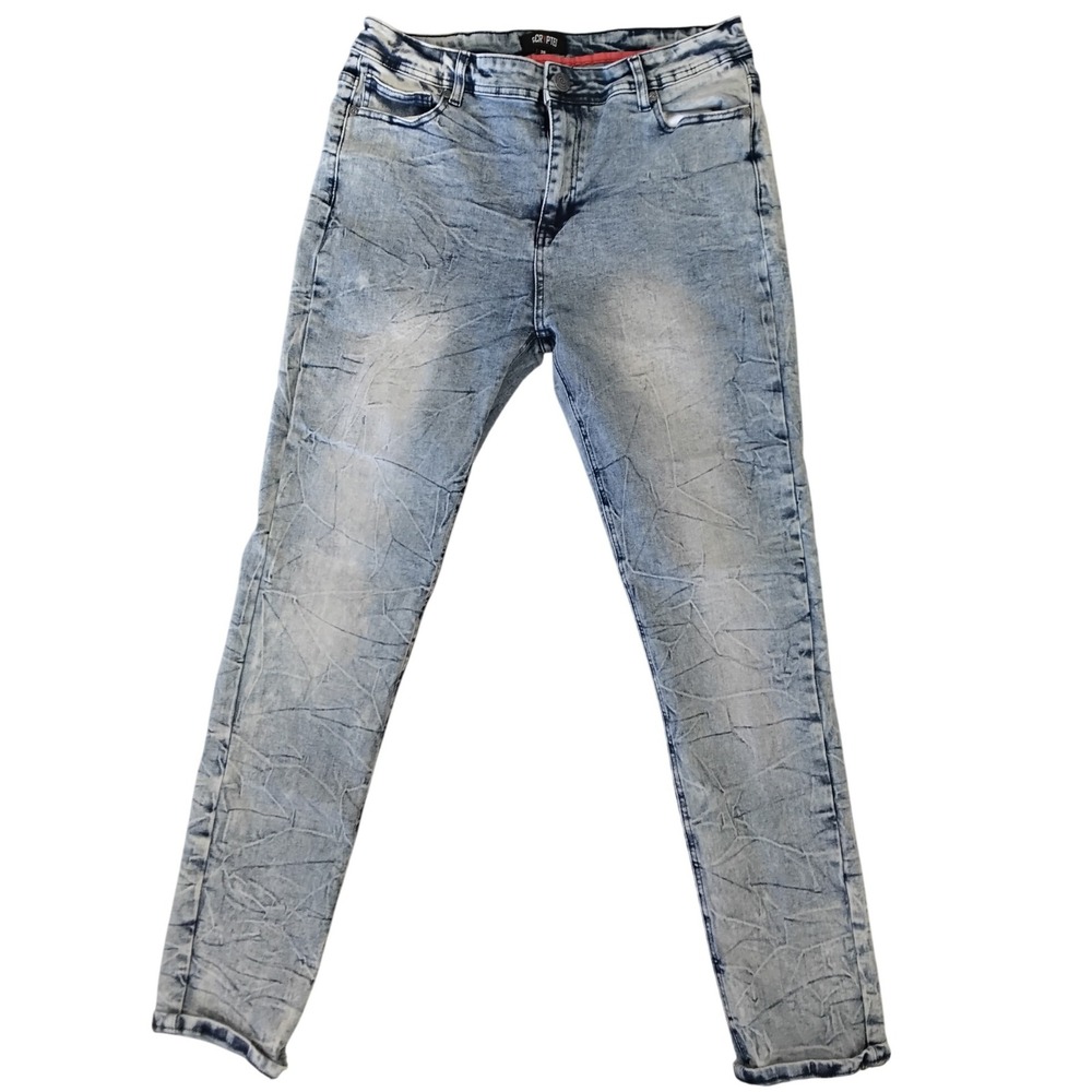 Encripted Mens‎ Blue Acid Wash Distressed Denim Jeans Modern Slim Fit Size 36